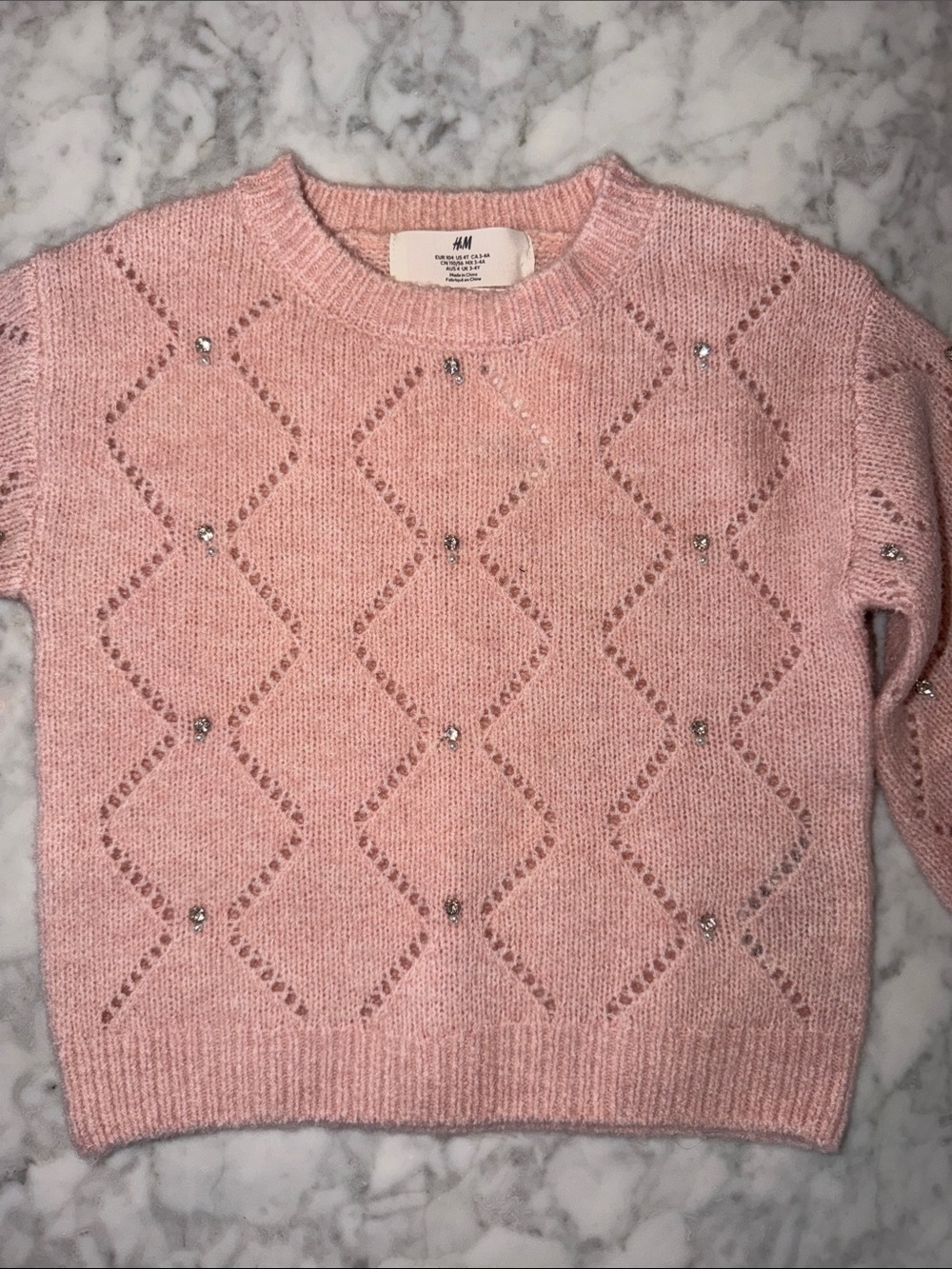 NWT H&M Pink Crewneck Sweater with Rhinestone Diamond Pattern 4T